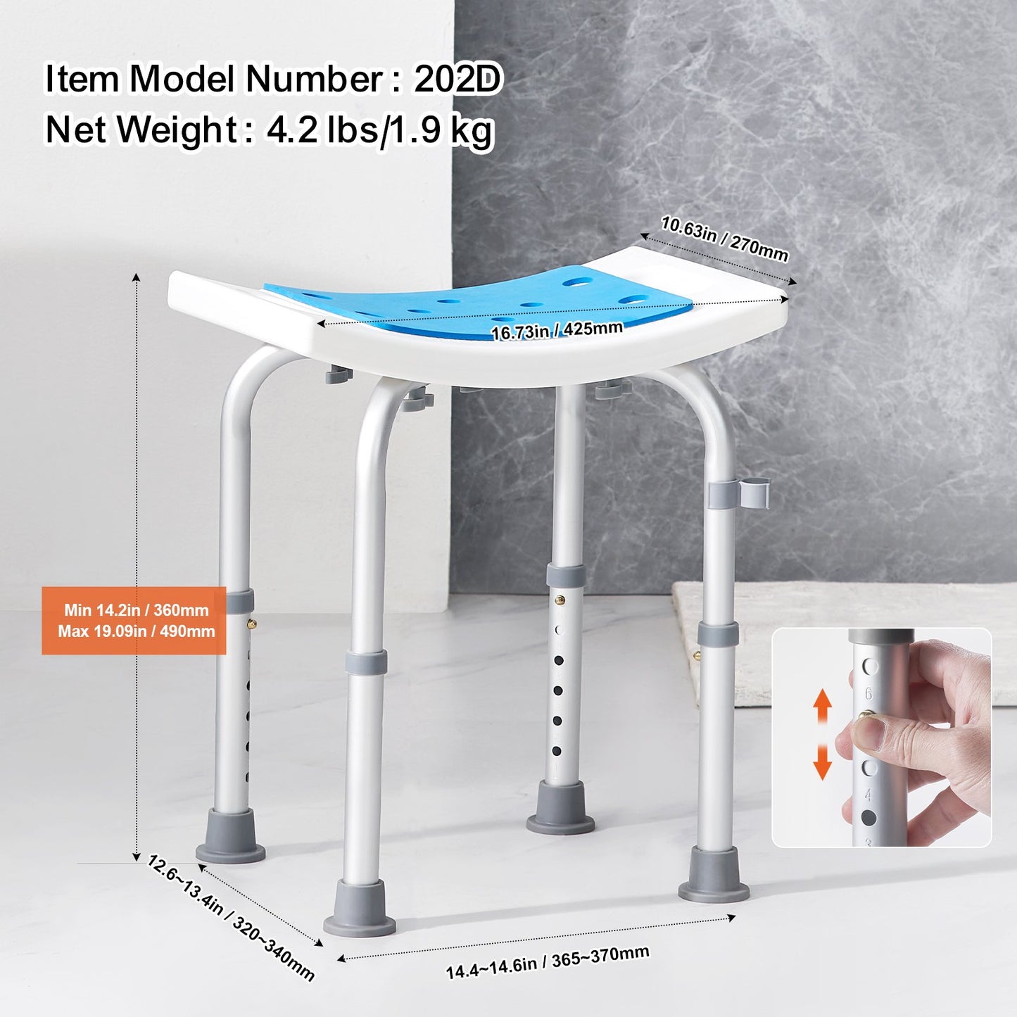 Shower Chair, Adjustable Height Shower Stool, Shower Seat for Inside Shower or Tub, Non-Slip Bench Bathtub Stool Seat for Elderly Disabled Handicap, 158.8 kg Capacity - Image 6