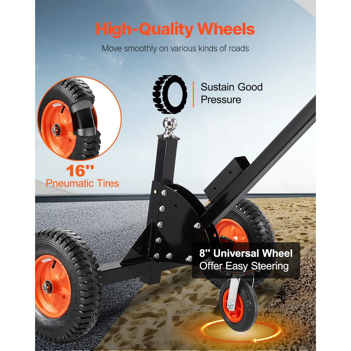 Trailer Dolly, 1500lbs Tongue Weight Capacity, 2 in 1 Trailer Mover with 2 in Ball, 16 in Pneumatic Tires and Universal Wheel, Portable Tow Dolly for Moving Car RV Trailer - Image 4