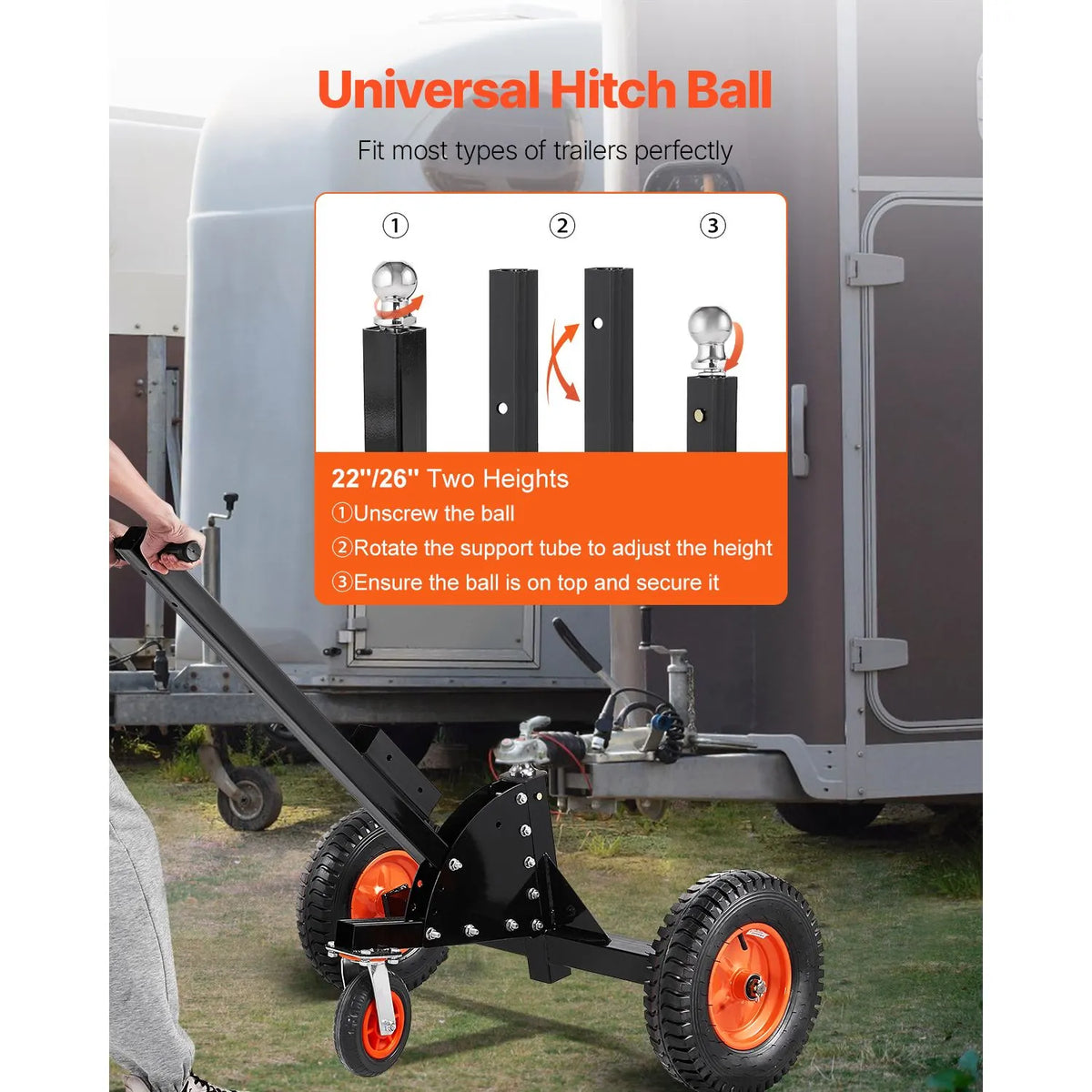 Trailer Dolly, 1500lbs Tongue Weight Capacity, 2 in 1 Trailer Mover with 2 in Ball, 16 in Pneumatic Tires and Universal Wheel, Portable Tow Dolly for Moving Car RV Trailer - Image 6
