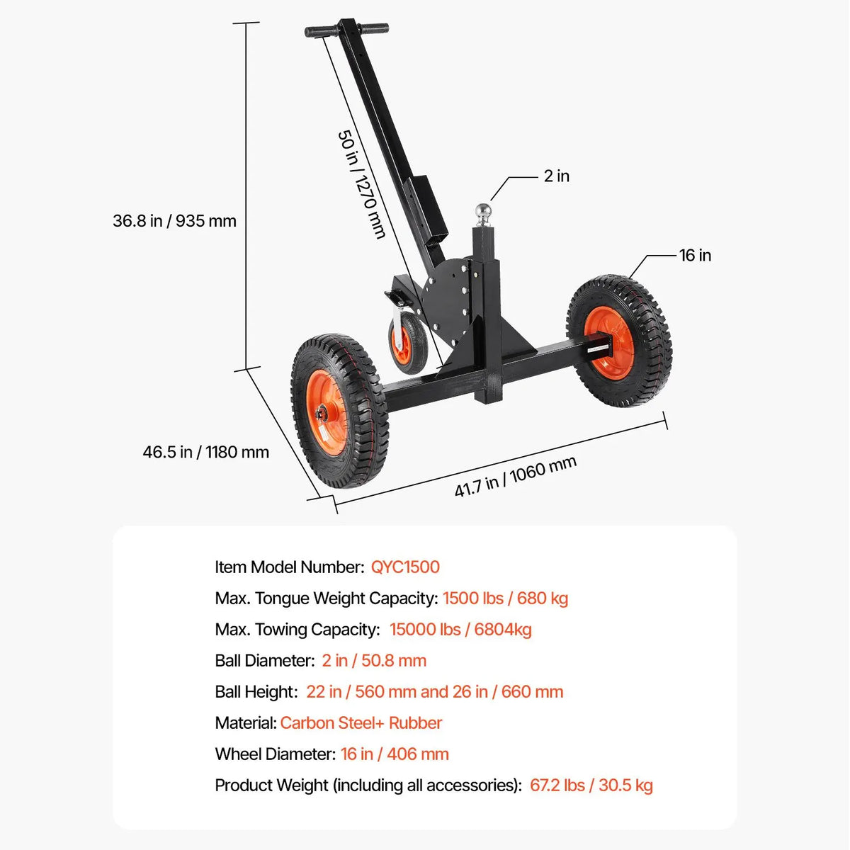 Trailer Dolly, 1500lbs Tongue Weight Capacity, 2 in 1 Trailer Mover with 2 in Ball, 16 in Pneumatic Tires and Universal Wheel, Portable Tow Dolly for Moving Car RV Trailer - Image 7