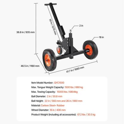Trailer Dolly, 1500lbs Tongue Weight Capacity, 2 in 1 Trailer Mover with 2 in Ball, 16 in Pneumatic Tires and Universal Wheel, Portable Tow Dolly for Moving Car RV Trailer - Image 7