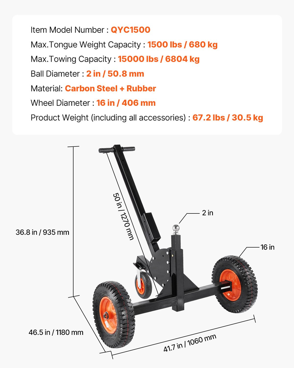 Trailer Dolly, 1500lbs Tongue Weight Capacity, 2 in 1 Trailer Mover with 2 in Ball, 16 in Pneumatic Tires and Universal Wheel, Portable Tow Dolly for Moving Car RV Trailer - Image 7