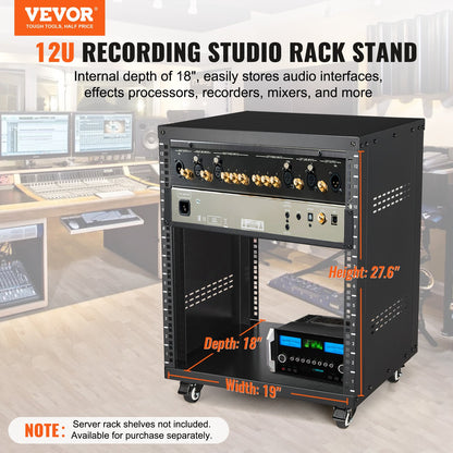 12U AV Rack Stand, 136.08kg Capacity, Network Stereo Recording Studio Rack with Lockable Caster Wheels Round & Square Holes, Special Vent for 482.6 mm Audio Video Musical & IT Equipment Mounting - Image 2