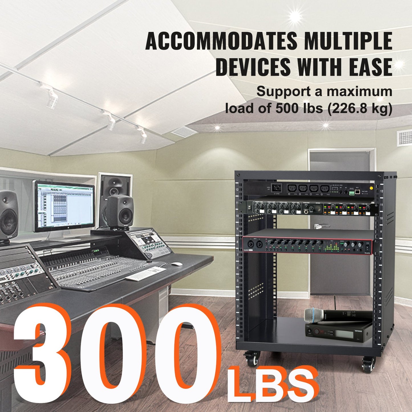 12U AV Rack Stand, 136.08kg Capacity, Network Stereo Recording Studio Rack with Lockable Caster Wheels Round & Square Holes, Special Vent for 482.6 mm Audio Video Musical & IT Equipment Mounting - Image 3