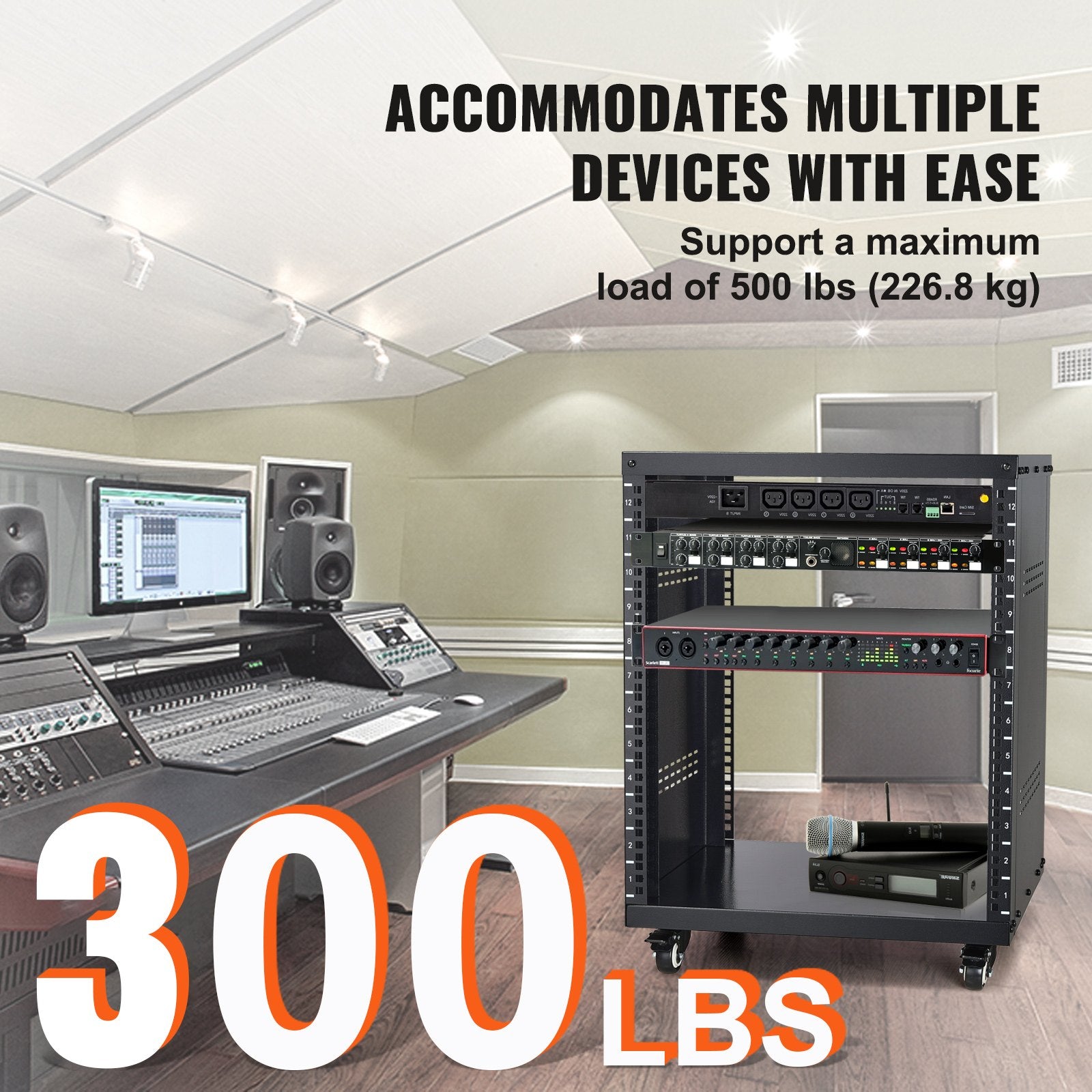 12U AV Rack Stand, 136.08kg Capacity, Network Stereo Recording Studio Rack with Lockable Caster Wheels Round & Square Holes, Special Vent for 482.6 mm Audio Video Musical & IT Equipment Mounting - Image 3
