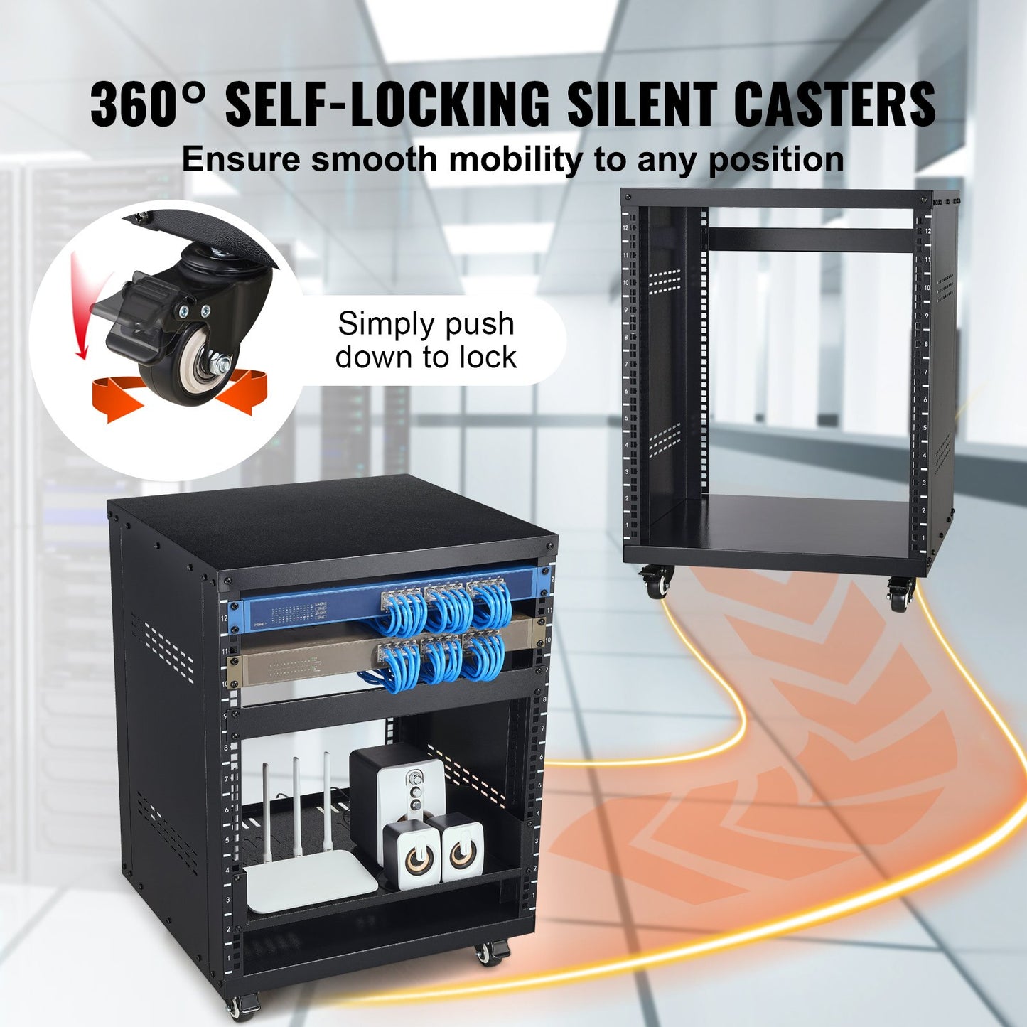 12U AV Rack Stand, 136.08kg Capacity, Network Stereo Recording Studio Rack with Lockable Caster Wheels Round & Square Holes, Special Vent for 482.6 mm Audio Video Musical & IT Equipment Mounting - Image 5