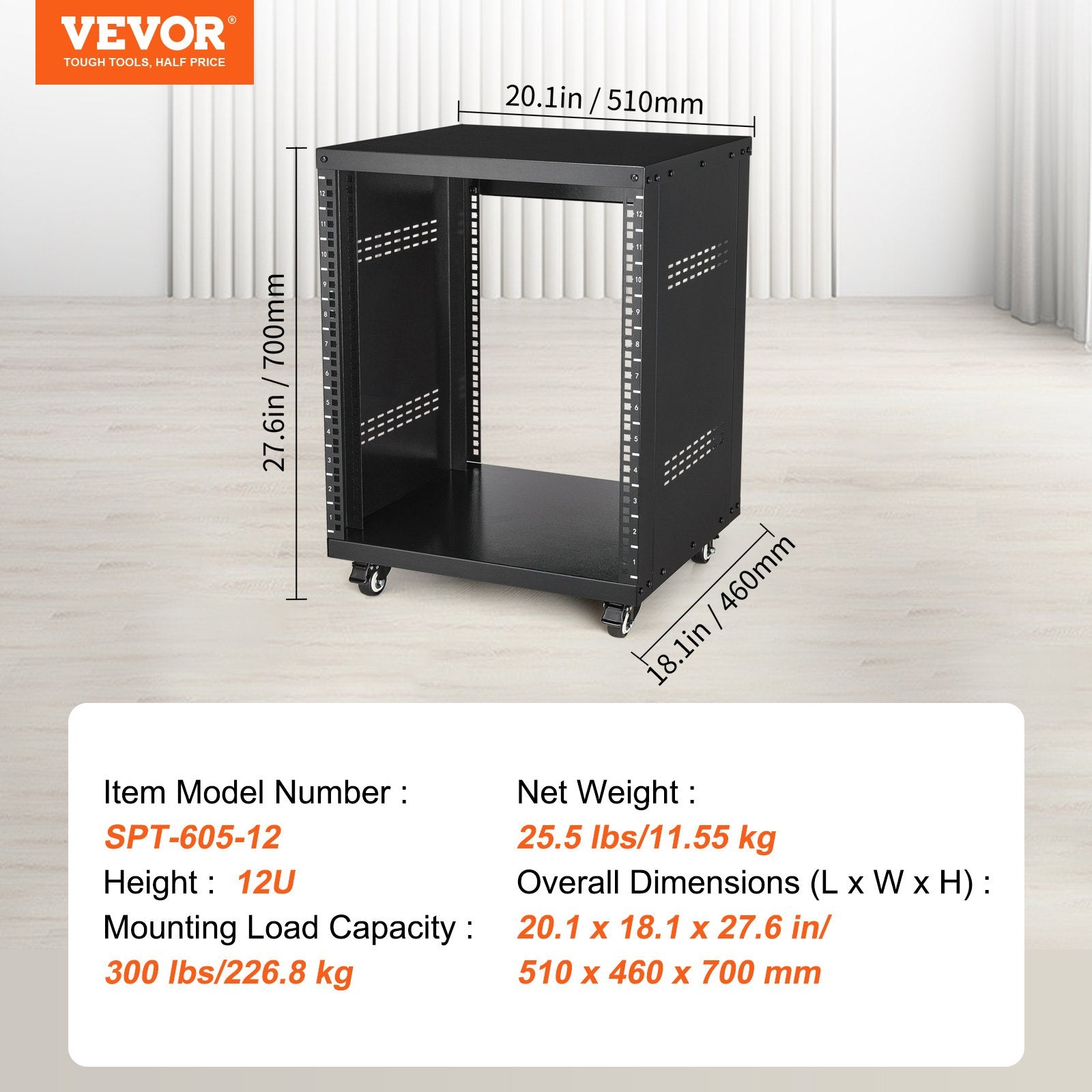 12U AV Rack Stand, 136.08kg Capacity, Network Stereo Recording Studio Rack with Lockable Caster Wheels Round & Square Holes, Special Vent for 482.6 mm Audio Video Musical & IT Equipment Mounting - Image 7