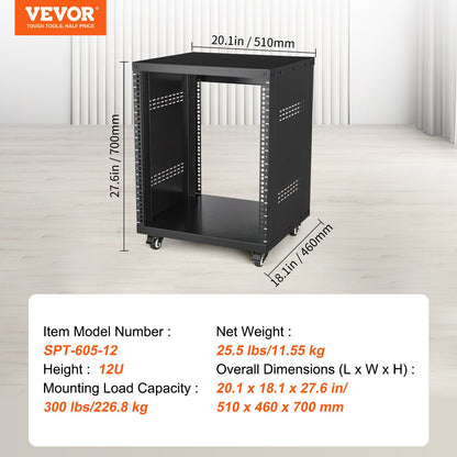12U AV Rack Stand, 136.08kg Capacity, Network Stereo Recording Studio Rack with Lockable Caster Wheels Round & Square Holes, Special Vent for 482.6 mm Audio Video Musical & IT Equipment Mounting - Image 7