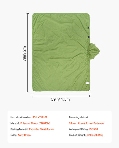Camping Blanket 2 m x 1.5 m Wearable Warm Stadium Blanket Army Green - Image 7