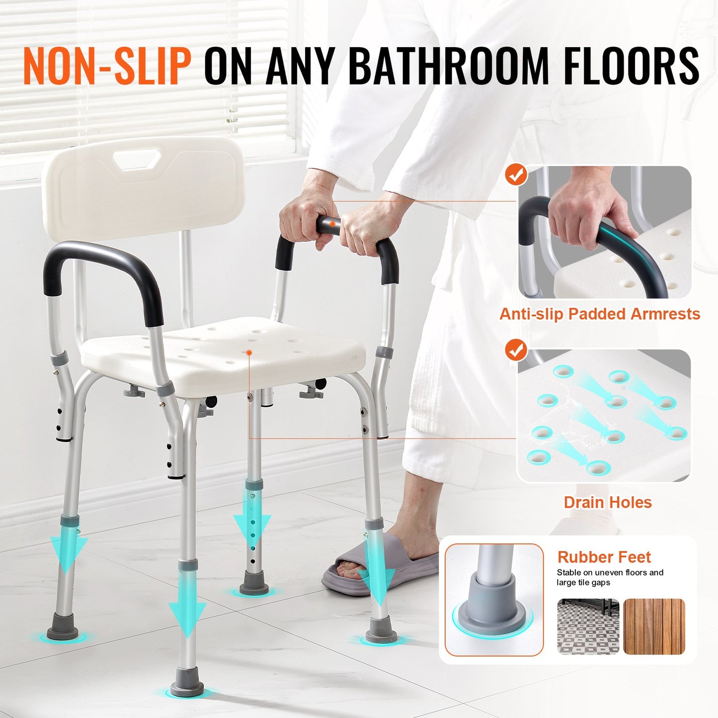 Shower Chair, Shower Seat with Back, Adjustable Height Shower Stool, Shower Chair for Inside Shower Bathtub, Non-slip Bathroom Bench Bath Chair for Elderly Disabled Handicap, 158.8 kg Capacity - Image 3