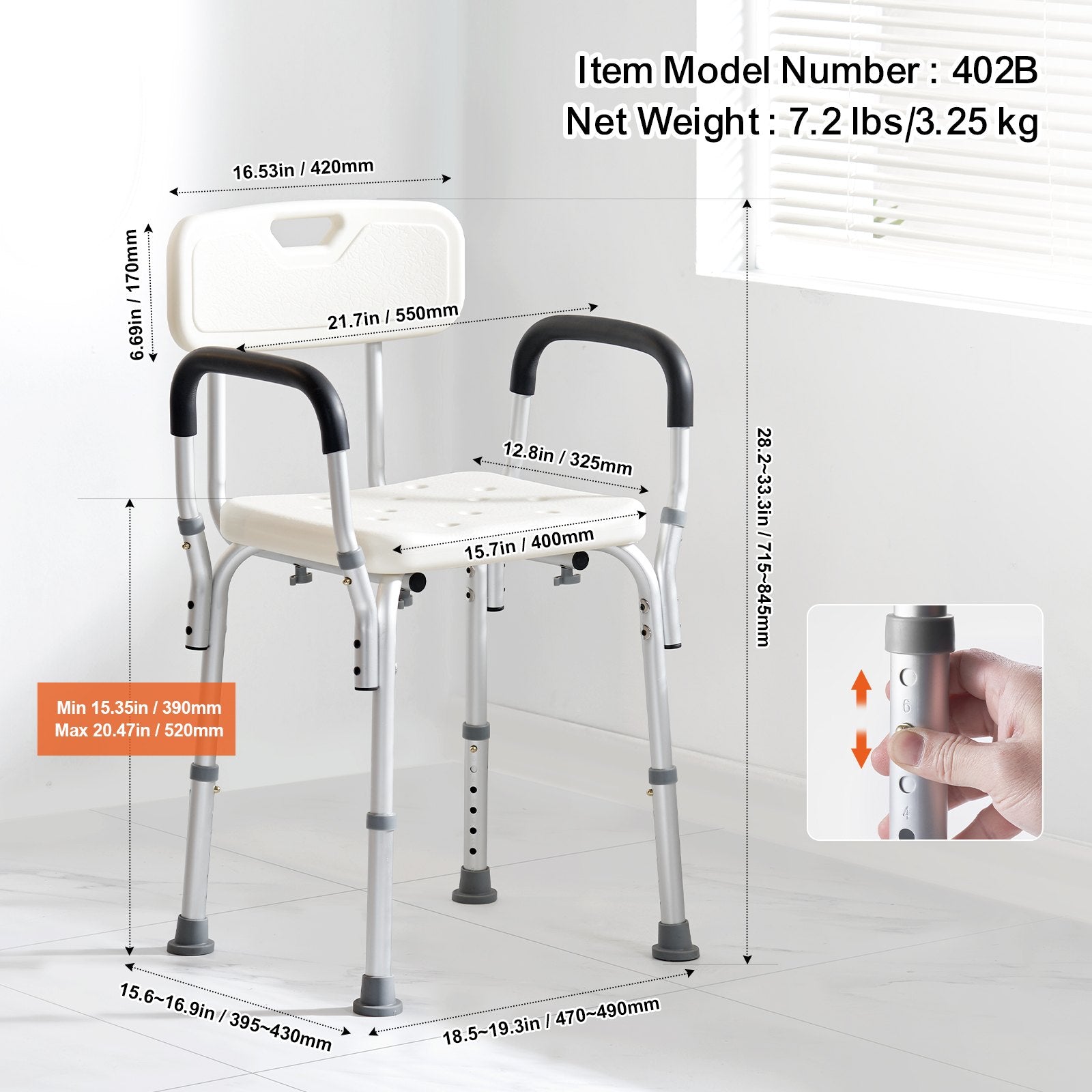 Shower Chair, Shower Seat with Back, Adjustable Height Shower Stool, Shower Chair for Inside Shower Bathtub, Non-slip Bathroom Bench Bath Chair for Elderly Disabled Handicap, 158.8 kg Capacity - Image 6