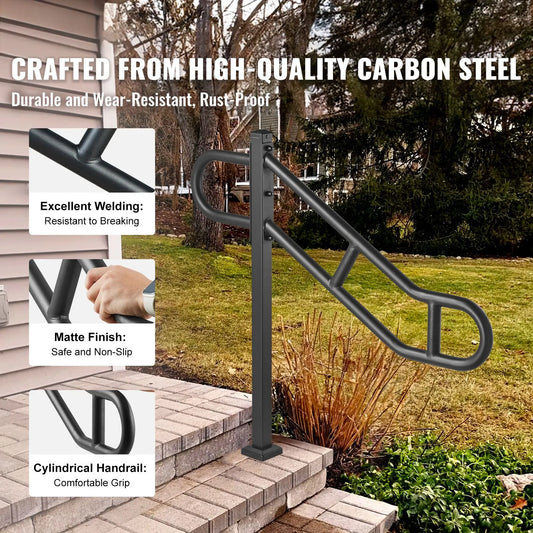 Single Post Handrail for Outdoor 1-3 Steps, 40.5" L x 35.4" H Metal Bent Stair Handrails, Floor Mounted Carbon Steel Stair Railing, U-Shaped Post Grab Rails with 2 Anti-Skid Crossbar for Garage - Image 2
