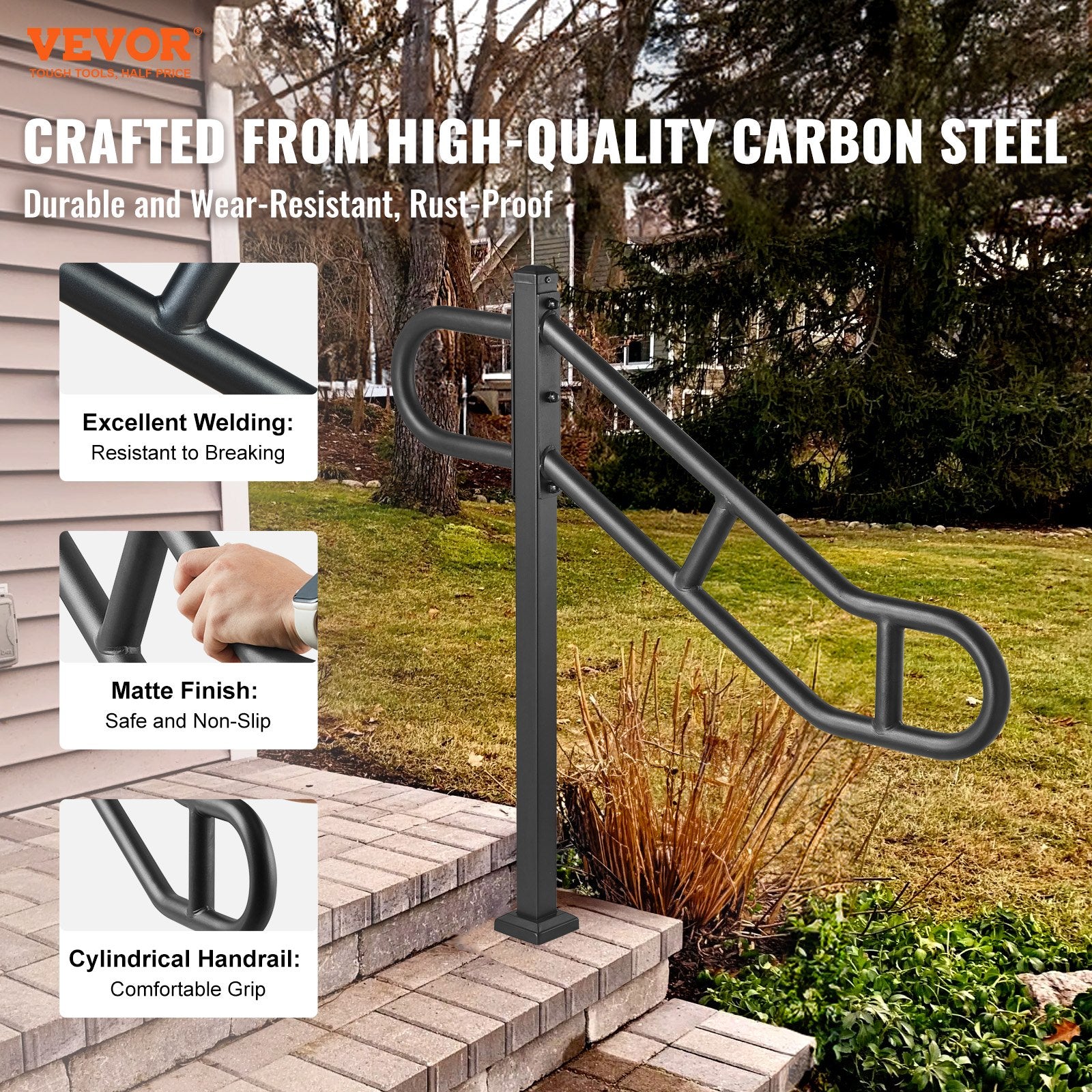 Single Post Handrail for Outdoor 1-3 Steps, 40.5" L x 35.4" H Metal Bent Stair Handrails, Floor Mounted Carbon Steel Stair Railing, U-Shaped Post Grab Rails with 2 Anti-Skid Crossbar for Garage - Image 2