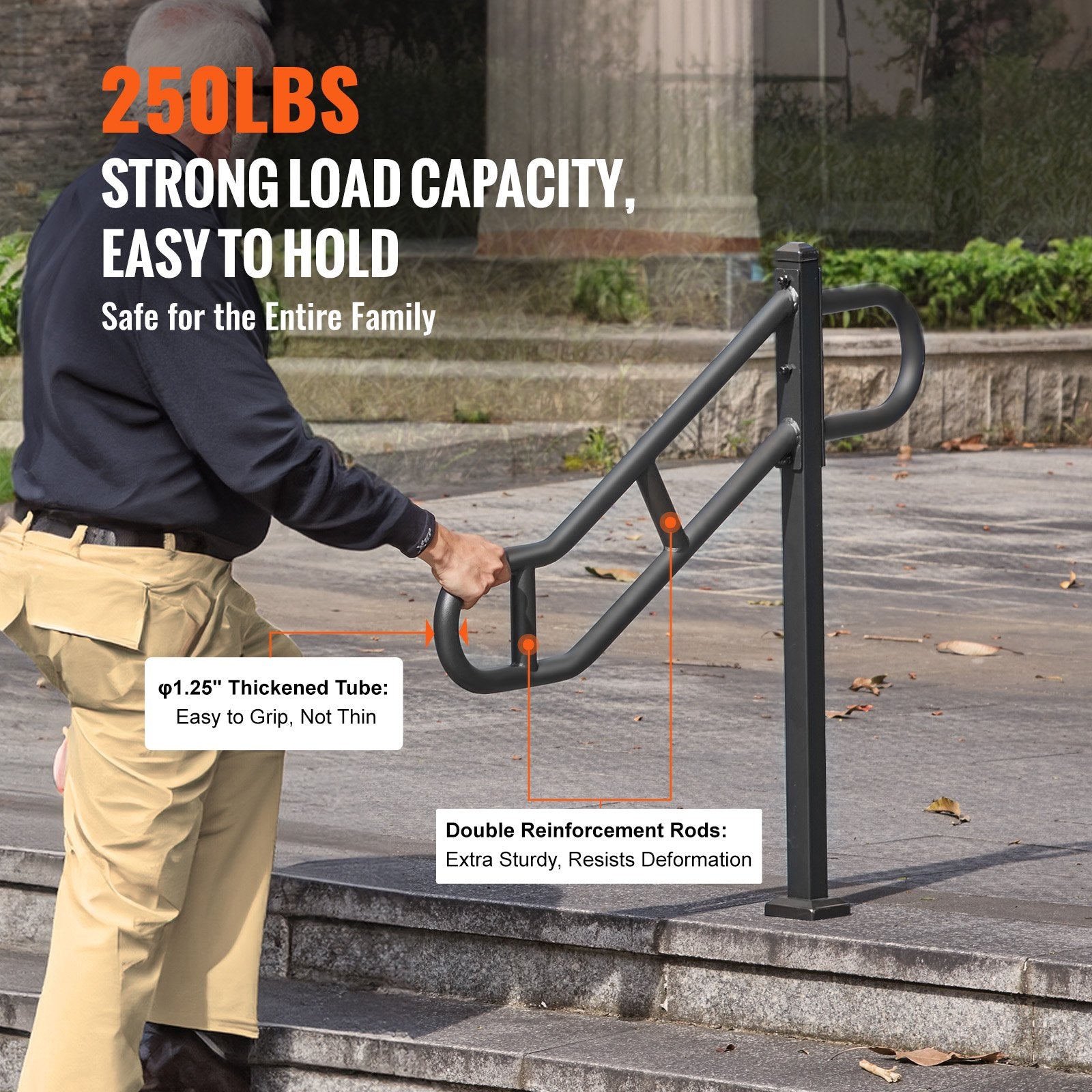 Single Post Handrail for Outdoor 1-3 Steps, 40.5" L x 35.4" H Metal Bent Stair Handrails, Floor Mounted Carbon Steel Stair Railing, U-Shaped Post Grab Rails with 2 Anti-Skid Crossbar for Garage - Image 3
