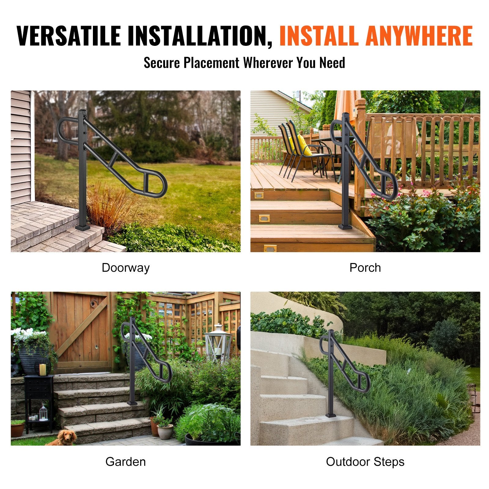 Single Post Handrail for Outdoor 1-3 Steps, 40.5" L x 35.4" H Metal Bent Stair Handrails, Floor Mounted Carbon Steel Stair Railing, U-Shaped Post Grab Rails with 2 Anti-Skid Crossbar for Garage - Image 6