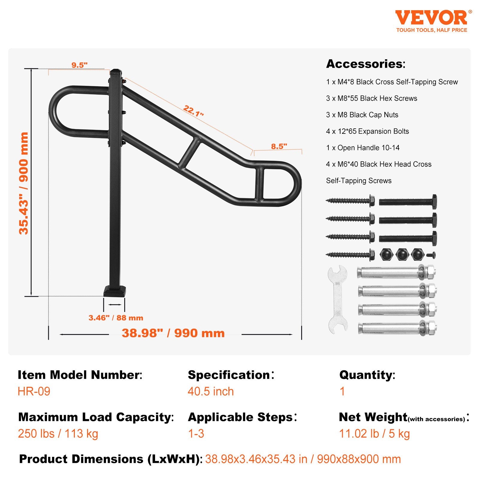 Single Post Handrail for Outdoor 1-3 Steps, 40.5" L x 35.4" H Metal Bent Stair Handrails, Floor Mounted Carbon Steel Stair Railing, U-Shaped Post Grab Rails with 2 Anti-Skid Crossbar for Garage - Image 7