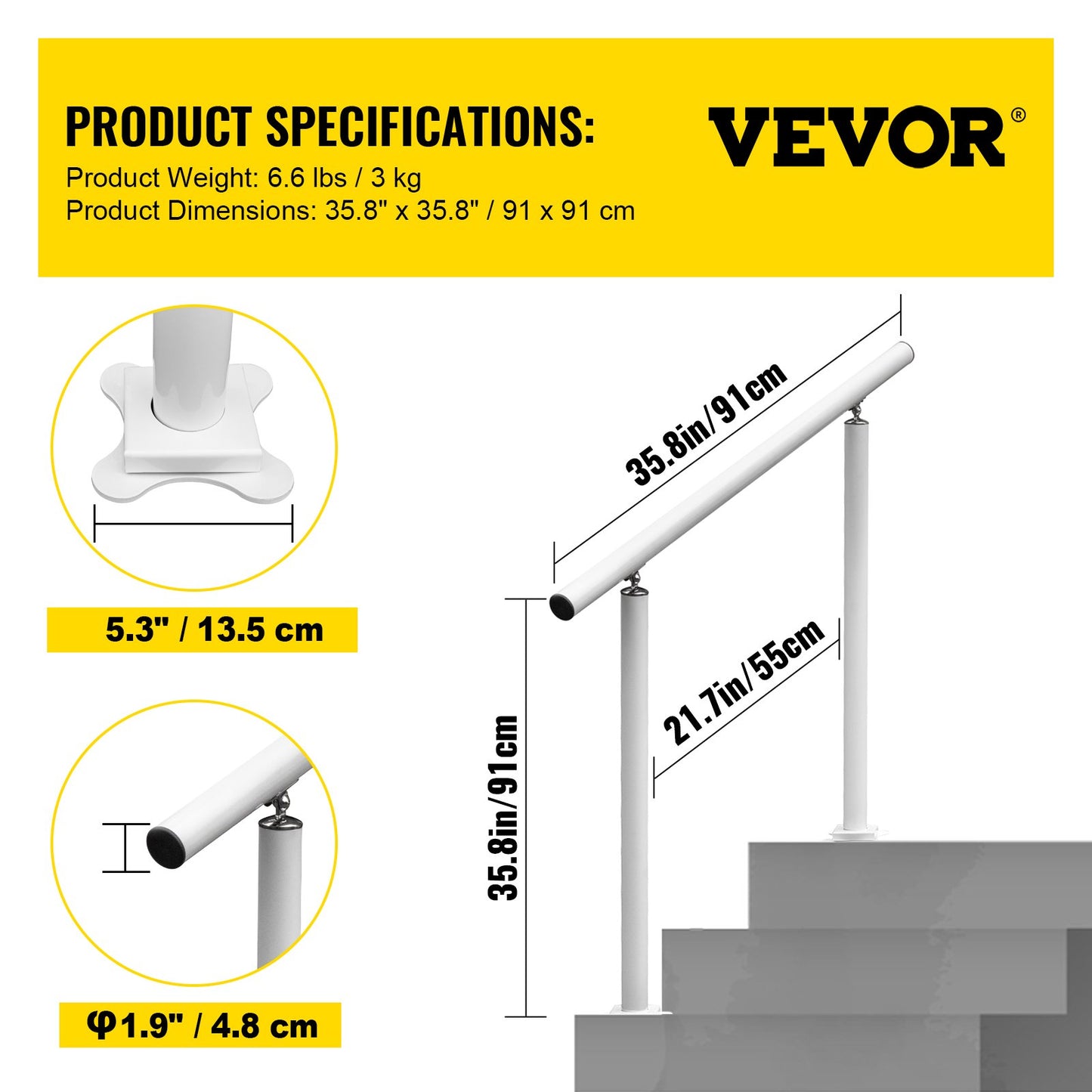 Handrail Outdoor Stairs, 3ft, 34 Inch Outdoor Handrail, Outdoor Stair Railing Adjustable from 0 to 60 Degrees Handrail for Stairs Outdoor White Aluminum Stair Railing for Garden, Office Area - Image 7