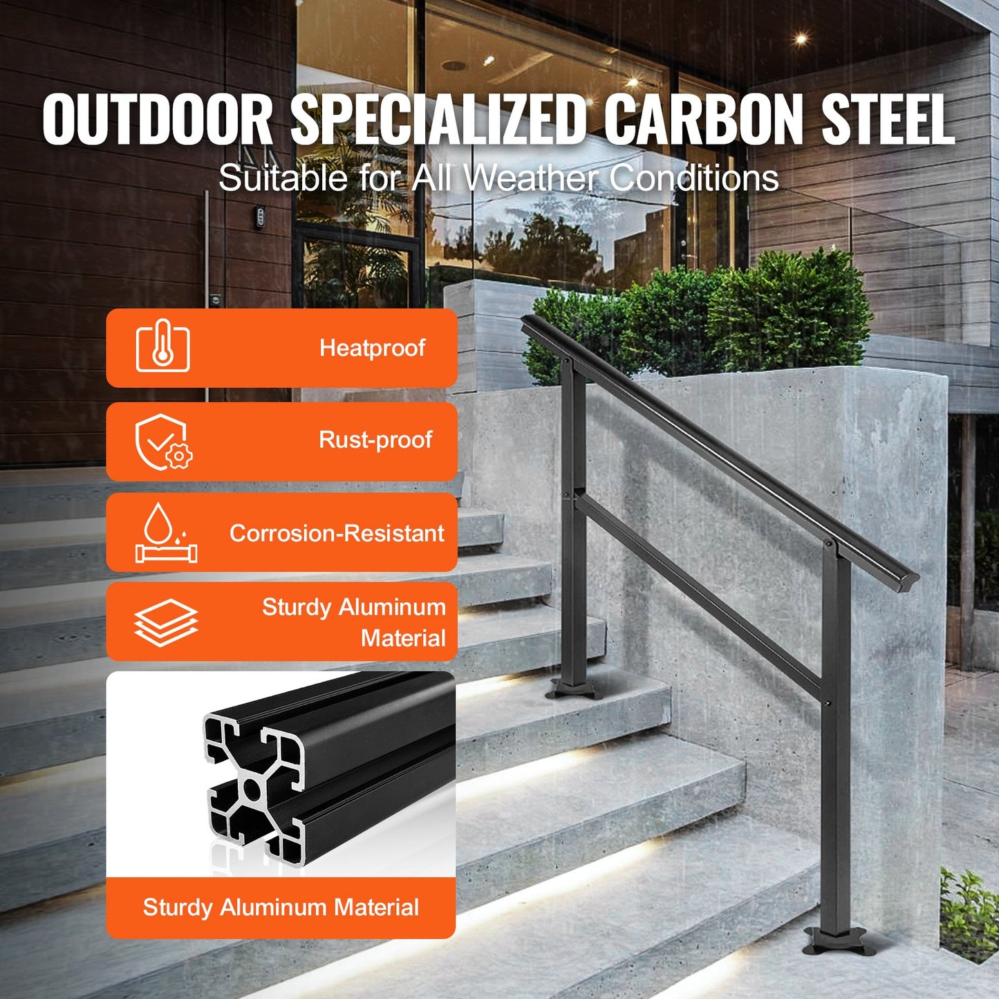 Handrail Outdoor Stairs 47.6 X 35.2 Inch Outdoor Handrail Outdoor Stair Railing Adjustable from 0 to 30 Degrees Handrail for Stairs Outdoor Aluminum Black Stair Railing Fit 3-4 Steps - Image 3