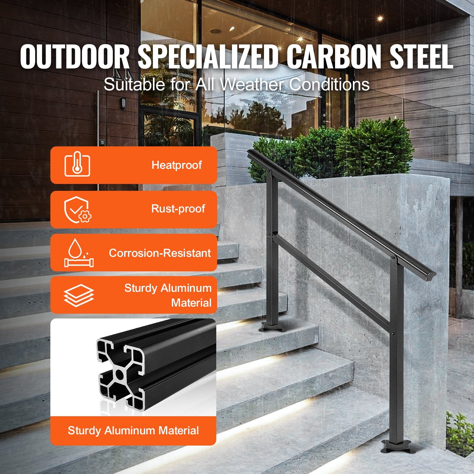 Handrail Outdoor Stairs 47.6 X 35.2 Inch Outdoor Handrail Outdoor Stair Railing Adjustable from 0 to 30 Degrees Handrail for Stairs Outdoor Aluminum Black Stair Railing Fit 3-4 Steps - Image 3