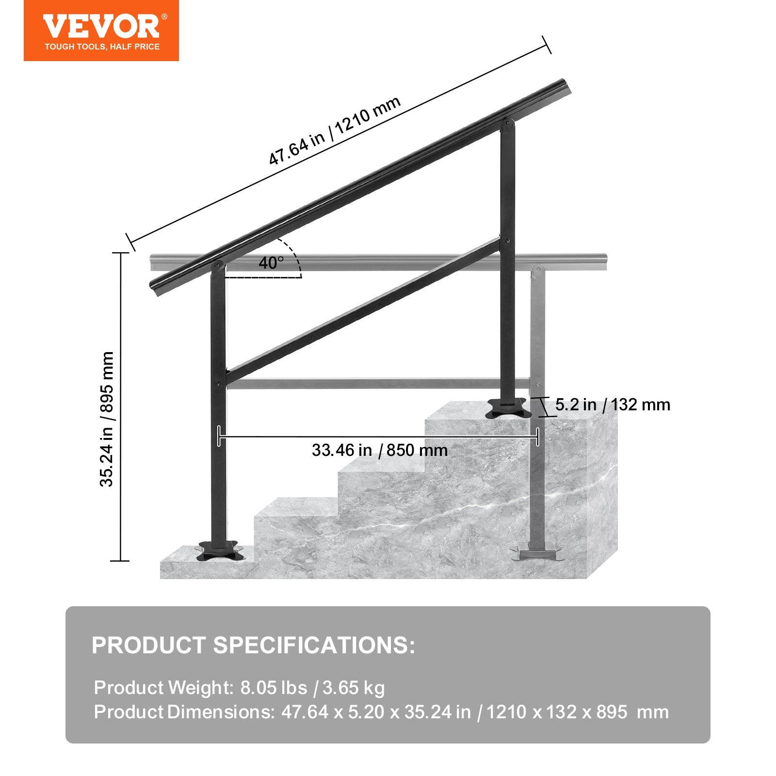 Handrail Outdoor Stairs 47.6 X 35.2 Inch Outdoor Handrail Outdoor Stair Railing Adjustable from 0 to 30 Degrees Handrail for Stairs Outdoor Aluminum Black Stair Railing Fit 3-4 Steps - Image 7