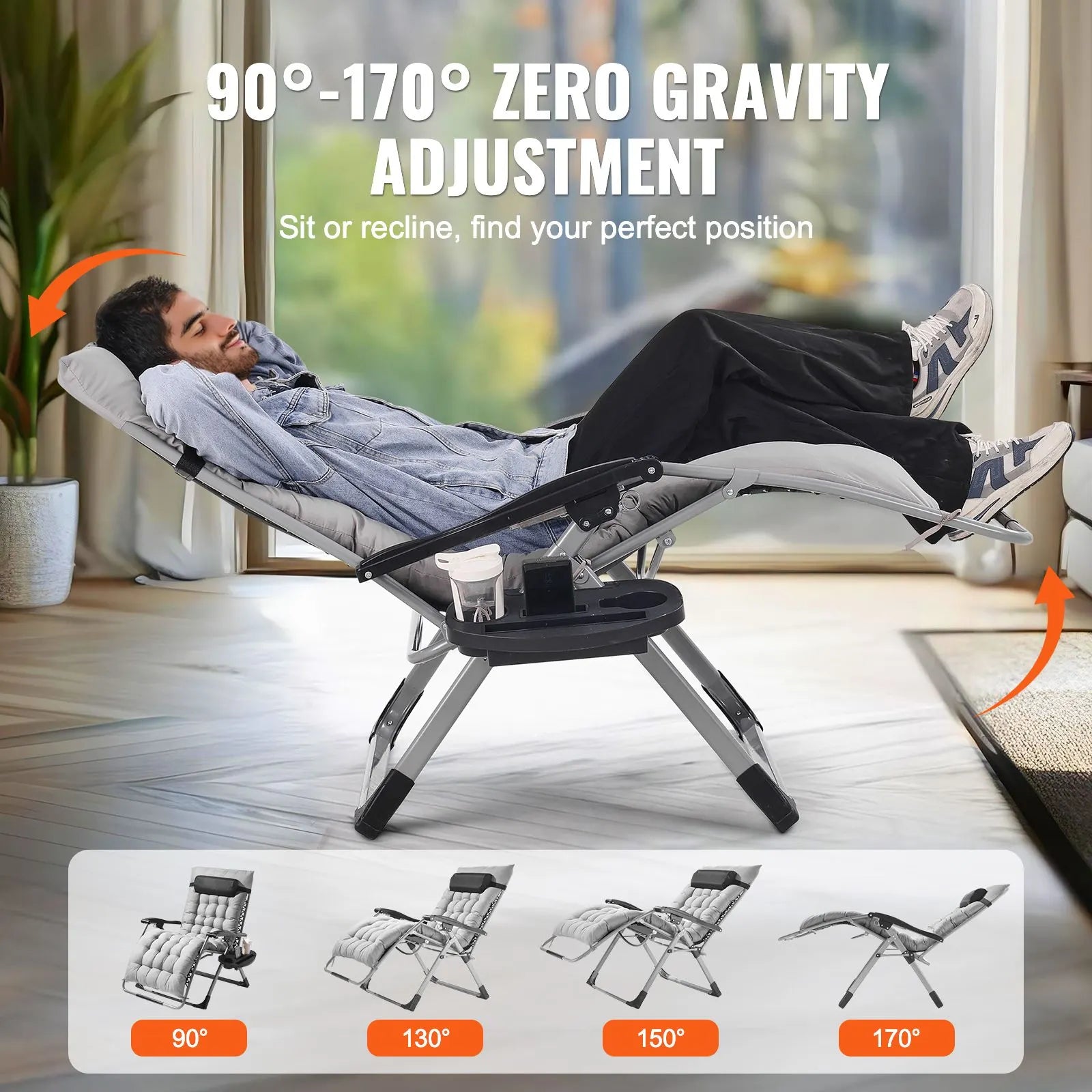 Zero Gravity Chair, 33 inch Zero Gravity Recliner Lounge Chair for Indoor and Outdoor, Adjustable Anti Gravity Chair with Cushion, Headrest, Footrest, and Cupholder, 500 lbs, Gray - Image 3