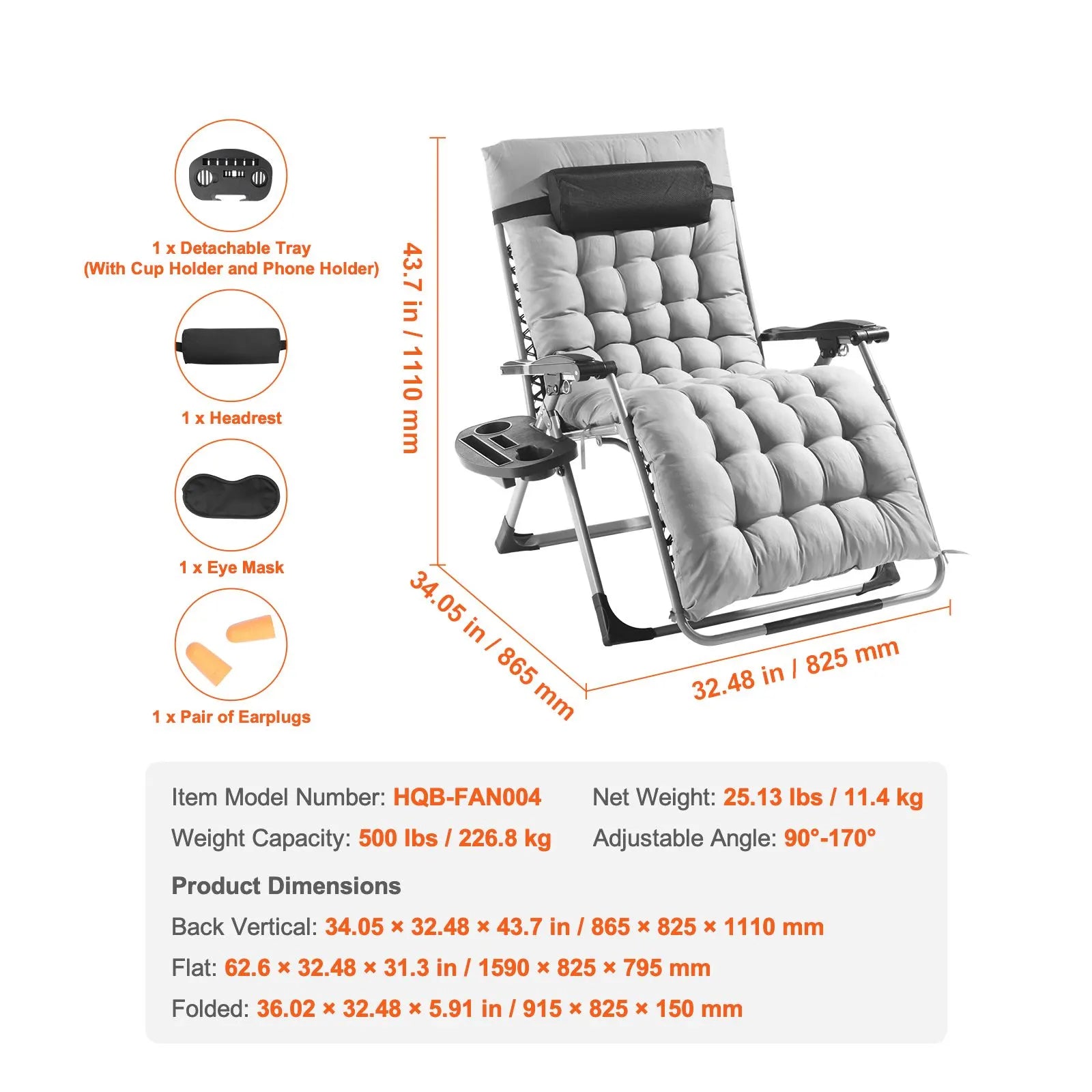 Zero Gravity Chair, 33 inch Zero Gravity Recliner Lounge Chair for Indoor and Outdoor, Adjustable Anti Gravity Chair with Cushion, Headrest, Footrest, and Cupholder, 500 lbs, Gray - Image 7