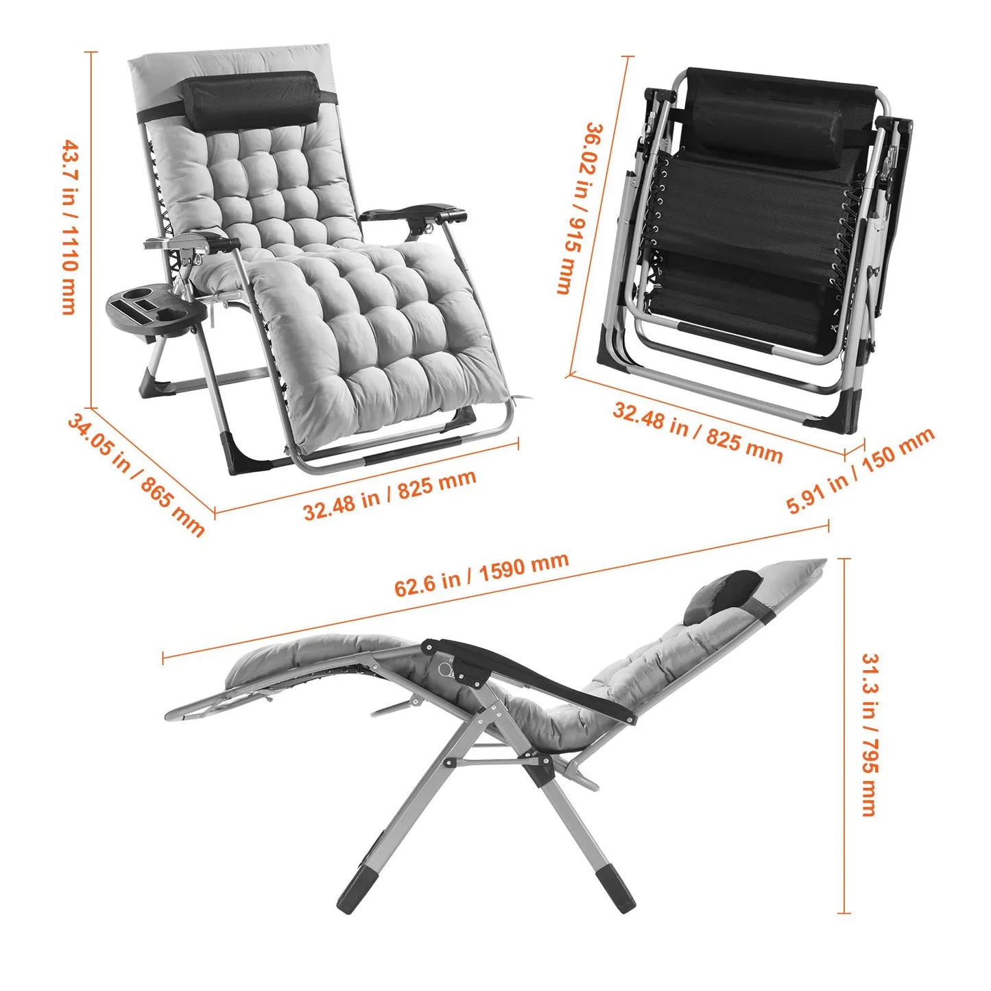 Zero Gravity Chair, 33 inch Zero Gravity Recliner Lounge Chair for Indoor and Outdoor, Adjustable Anti Gravity Chair with Cushion, Headrest, Footrest, and Cupholder, 500 lbs, Gray - Image 8