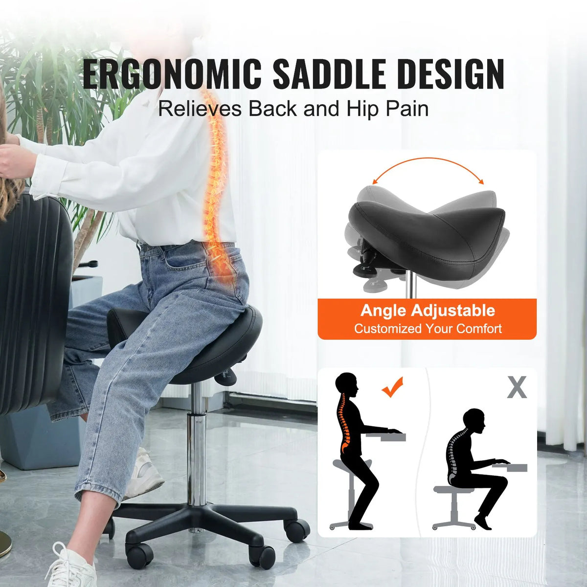 Saddle Stool with Wheels, 400 LBS Weight Capacity Ergonomic Rolling Saddle Stool, Height Adjustable Thickened PU Leather Swivel Saddle Stools Chair for Salon, Spa, Tattoo, Clinic, Black - Image 2