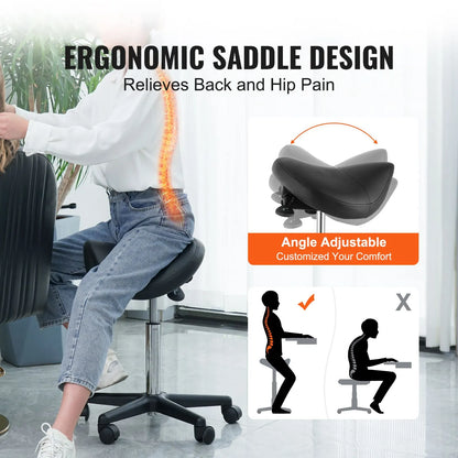 Saddle Stool with Wheels, 400 LBS Weight Capacity Ergonomic Rolling Saddle Stool, Height Adjustable Thickened PU Leather Swivel Saddle Stools Chair for Salon, Spa, Tattoo, Clinic, Black - Image 2