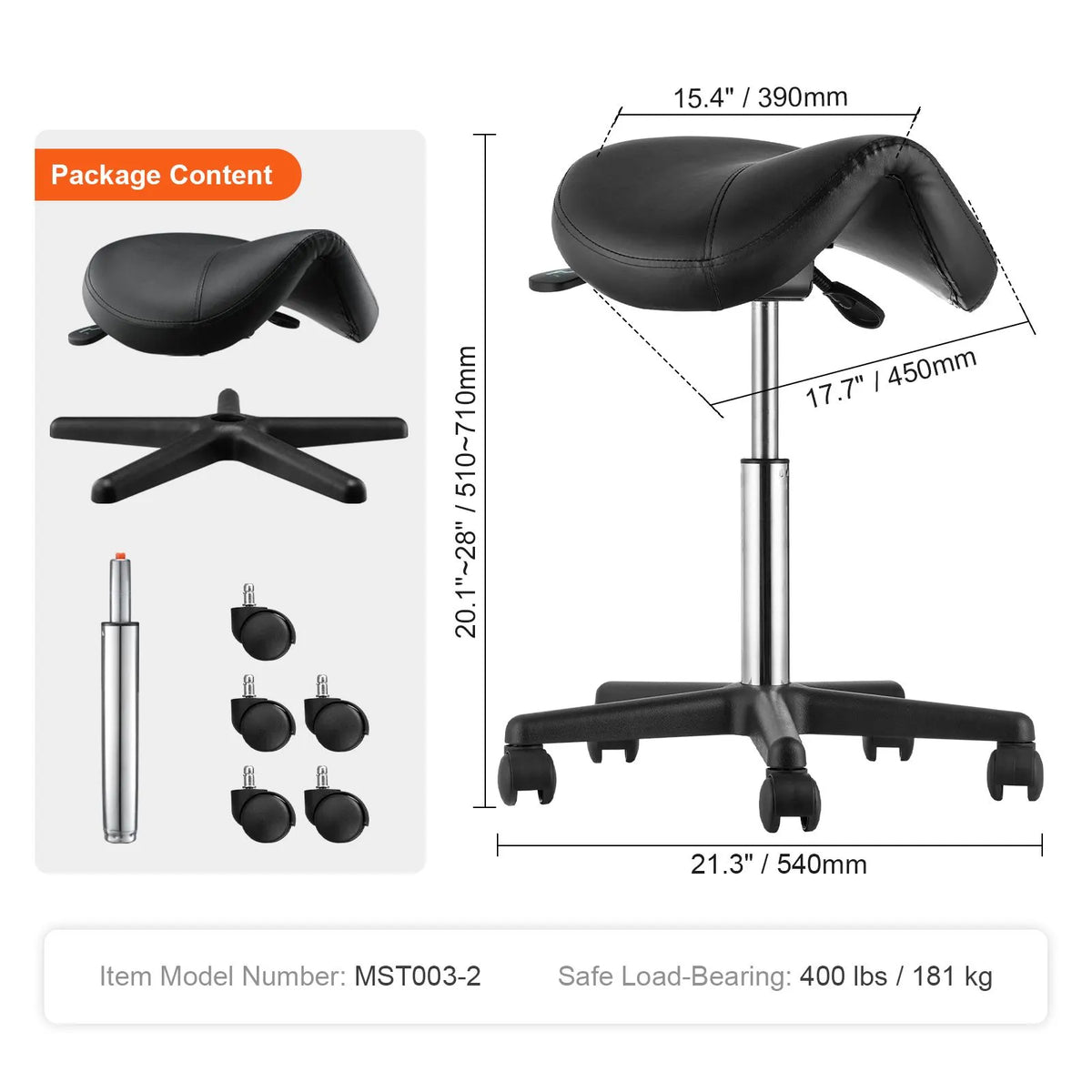 Saddle Stool with Wheels, 400 LBS Weight Capacity Ergonomic Rolling Saddle Stool, Height Adjustable Thickened PU Leather Swivel Saddle Stools Chair for Salon, Spa, Tattoo, Clinic, Black - Image 7