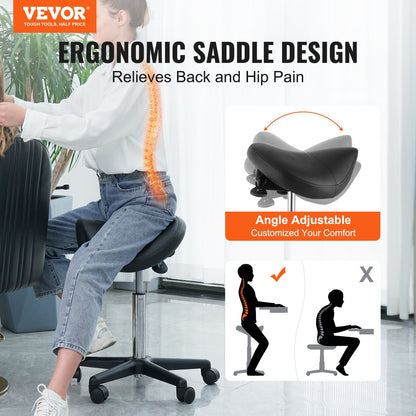 Saddle Stool with Wheels, 400 LBS Weight Capacity Ergonomic Rolling Saddle Stool, Height Adjustable Thickened PU Leather Swivel Saddle Stools Chair for Salon, Spa, Tattoo, Clinic, Black - Image 2