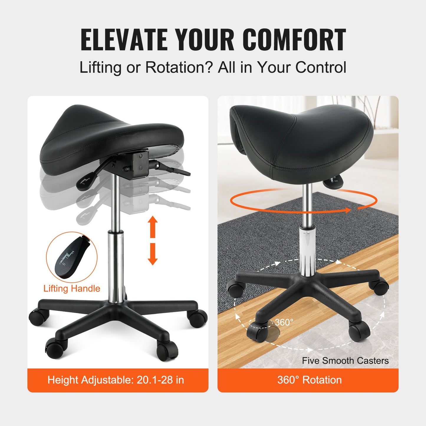 Saddle Stool with Wheels, 400 LBS Weight Capacity Ergonomic Rolling Saddle Stool, Height Adjustable Thickened PU Leather Swivel Saddle Stools Chair for Salon, Spa, Tattoo, Clinic, Black - Image 5