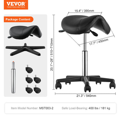 Saddle Stool with Wheels, 400 LBS Weight Capacity Ergonomic Rolling Saddle Stool, Height Adjustable Thickened PU Leather Swivel Saddle Stools Chair for Salon, Spa, Tattoo, Clinic, Black - Image 7