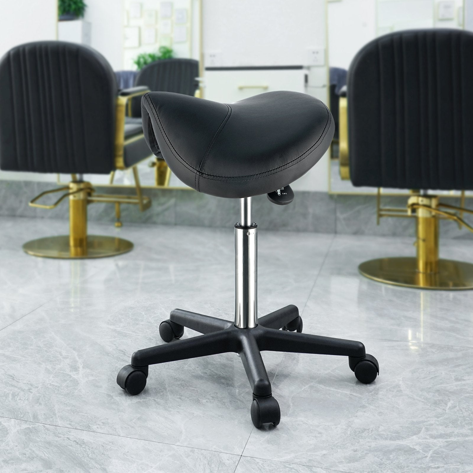 Saddle Stool with Wheels, 400 LBS Weight Capacity Ergonomic Rolling Saddle Stool, Height Adjustable Thickened PU Leather Swivel Saddle Stools Chair for Salon, Spa, Tattoo, Clinic, Black - Image 8