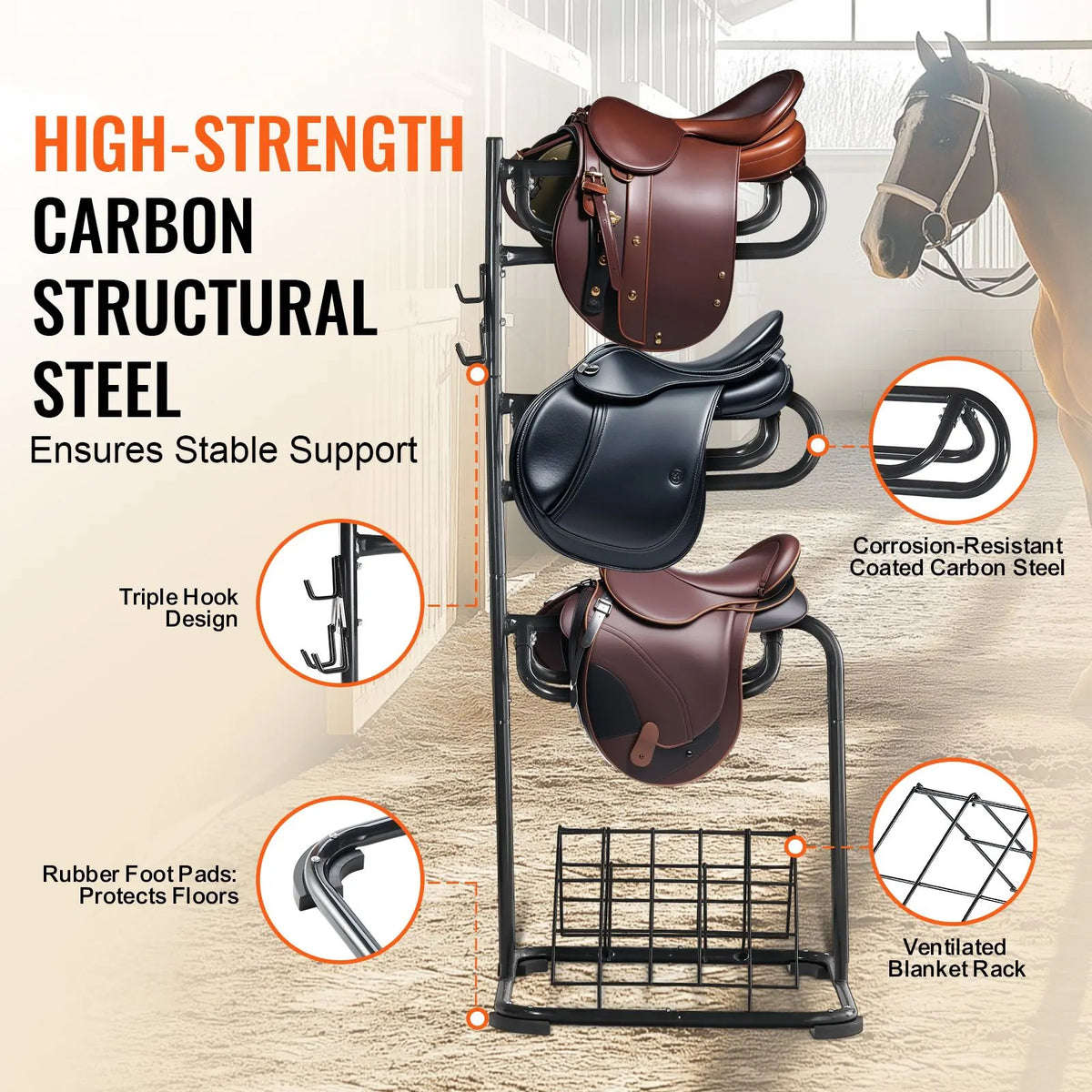 Freestanding Saddle Stand, 30 x 30 x 68.5 in, 3 Tiers Saddle Rack, Heavy Duty Saddle Blanket Holder with Removable & Rotating Tiers, English & Western Saddle Rack for Tack Room Organization - Image 2