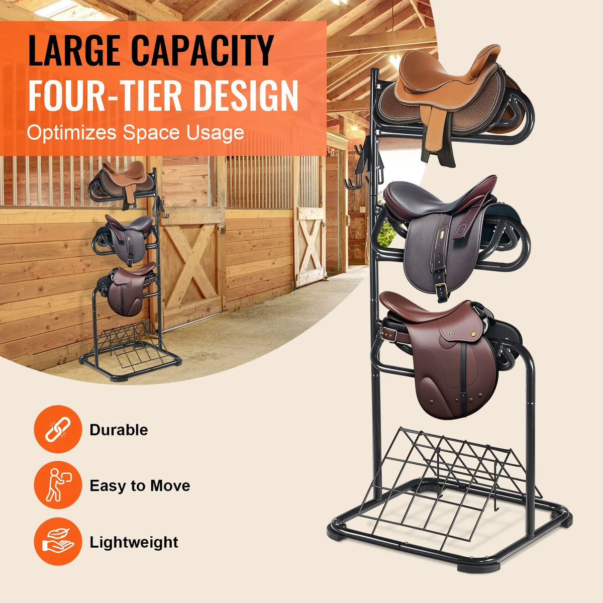 Freestanding Saddle Stand, 30 x 30 x 68.5 in, 3 Tiers Saddle Rack, Heavy Duty Saddle Blanket Holder with Removable & Rotating Tiers, English & Western Saddle Rack for Tack Room Organization - Image 4