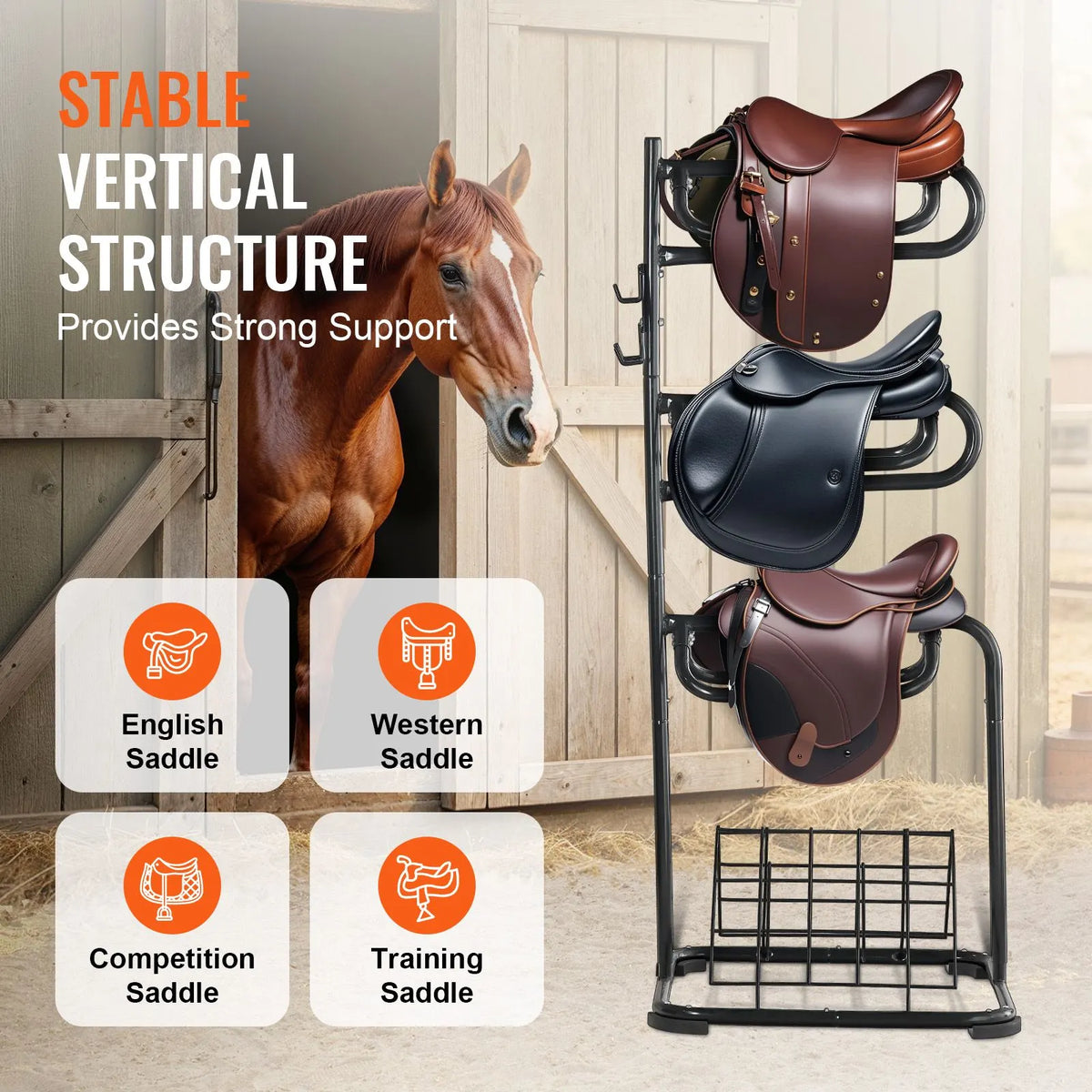 Freestanding Saddle Stand, 30 x 30 x 68.5 in, 3 Tiers Saddle Rack, Heavy Duty Saddle Blanket Holder with Removable & Rotating Tiers, English & Western Saddle Rack for Tack Room Organization - Image 5