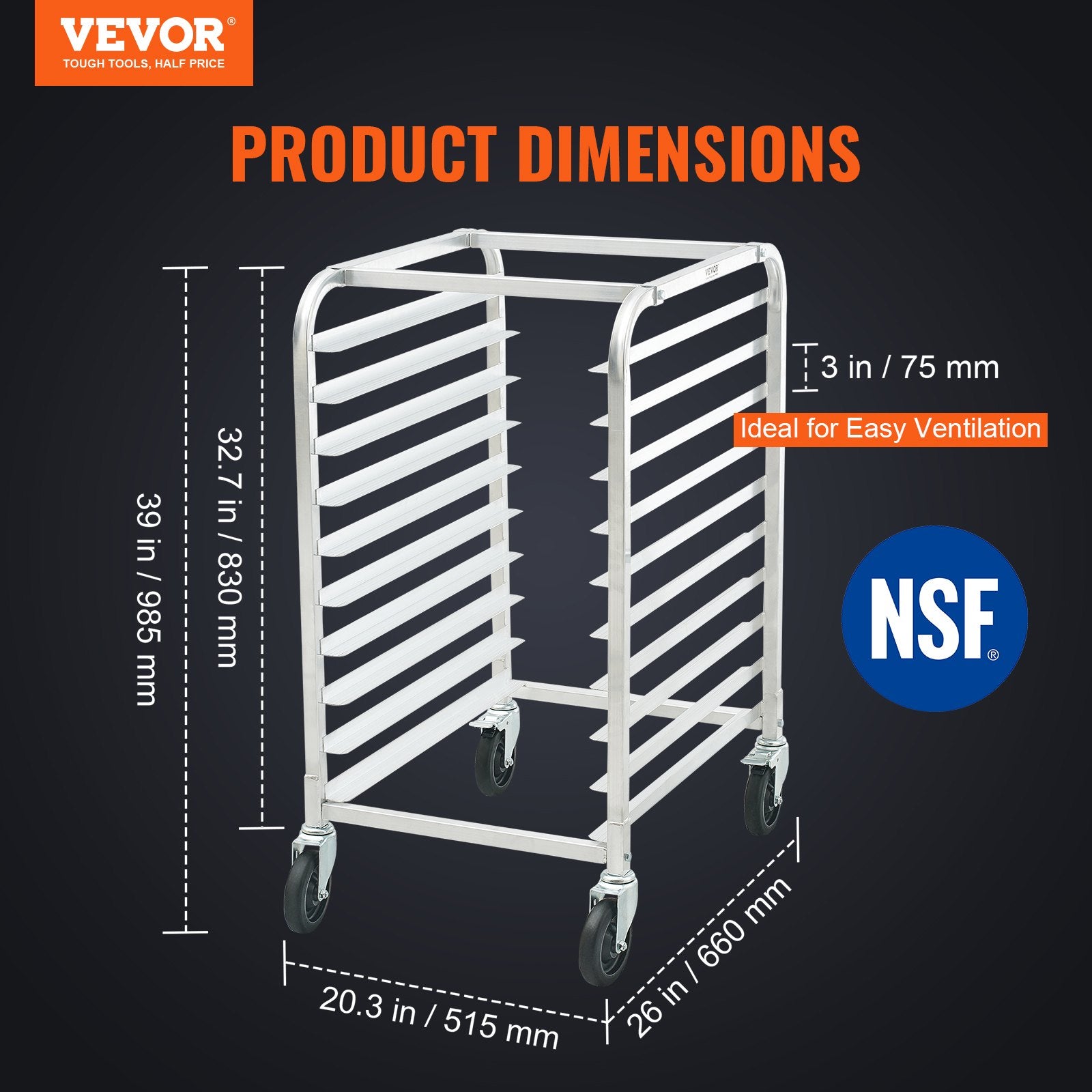 Bun Pan Rack, 10-Tier Commercial Bakery Racks with Brake Wheels, Aluminum Racking Trolley Storage for Half & Full Sheet, Speed Rack For Kitchen Home, Bread Baking Equipment, 660x515x985 mm - Image 2