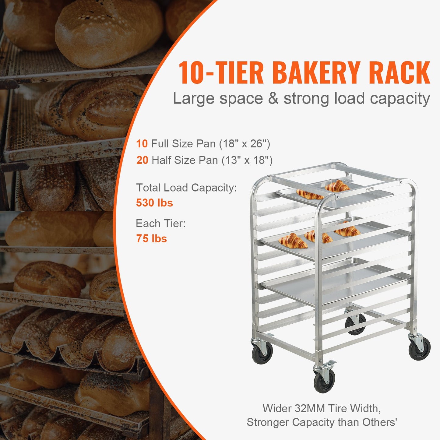 Bun Pan Rack, 10-Tier Commercial Bakery Racks with Brake Wheels, Aluminum Racking Trolley Storage for Half & Full Sheet, Speed Rack For Kitchen Home, Bread Baking Equipment, 660x515x985 mm - Image 3