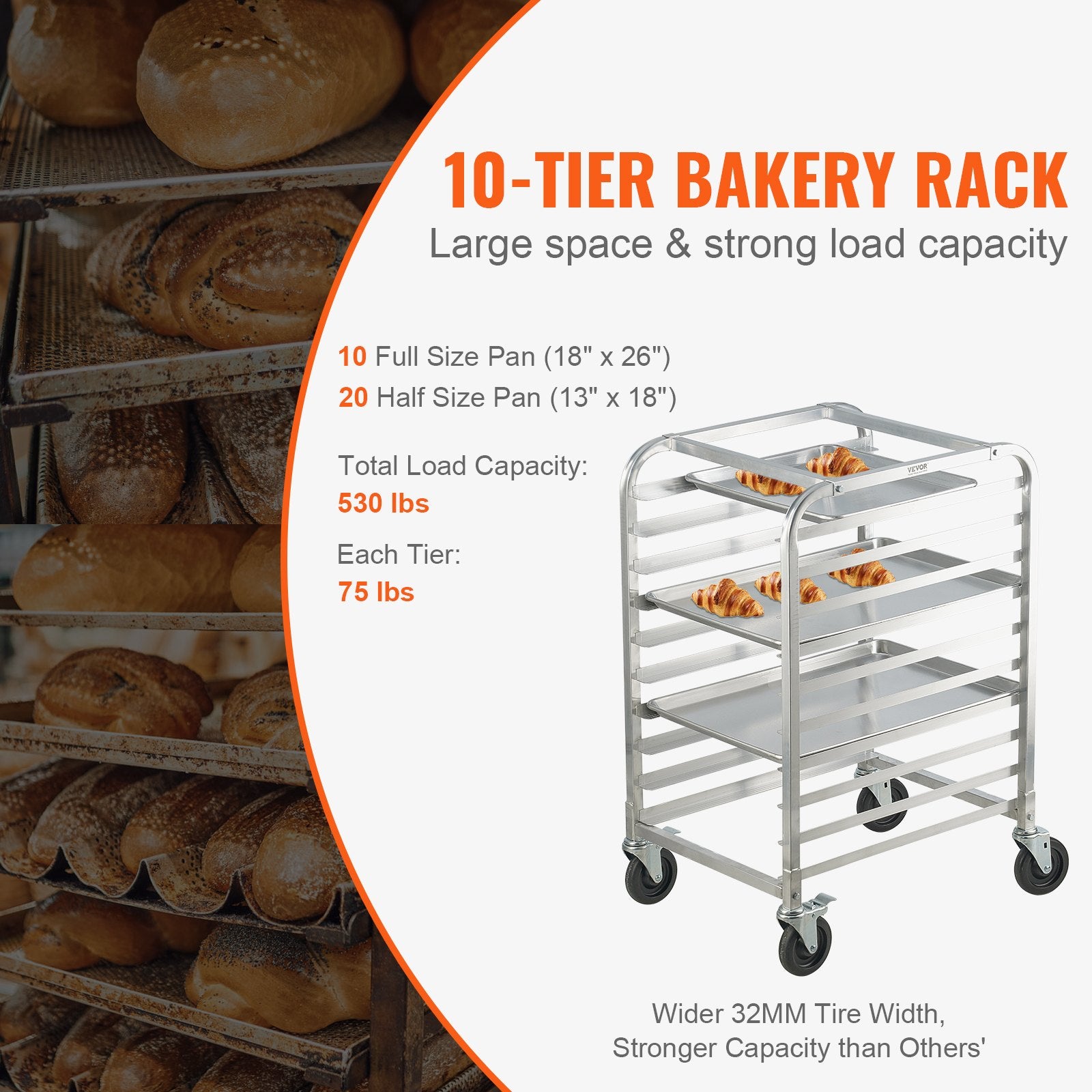 Bun Pan Rack, 10-Tier Commercial Bakery Racks with Brake Wheels, Aluminum Racking Trolley Storage for Half & Full Sheet, Speed Rack For Kitchen Home, Bread Baking Equipment, 660x515x985 mm - Image 3