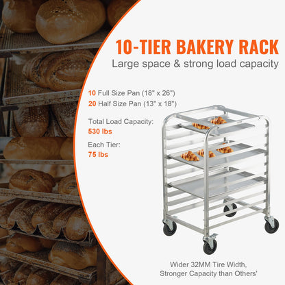 Bun Pan Rack, 10-Tier Commercial Bakery Racks with Brake Wheels, Aluminum Racking Trolley Storage for Half & Full Sheet, Speed Rack For Kitchen Home, Bread Baking Equipment, 660x515x985 mm - Image 3