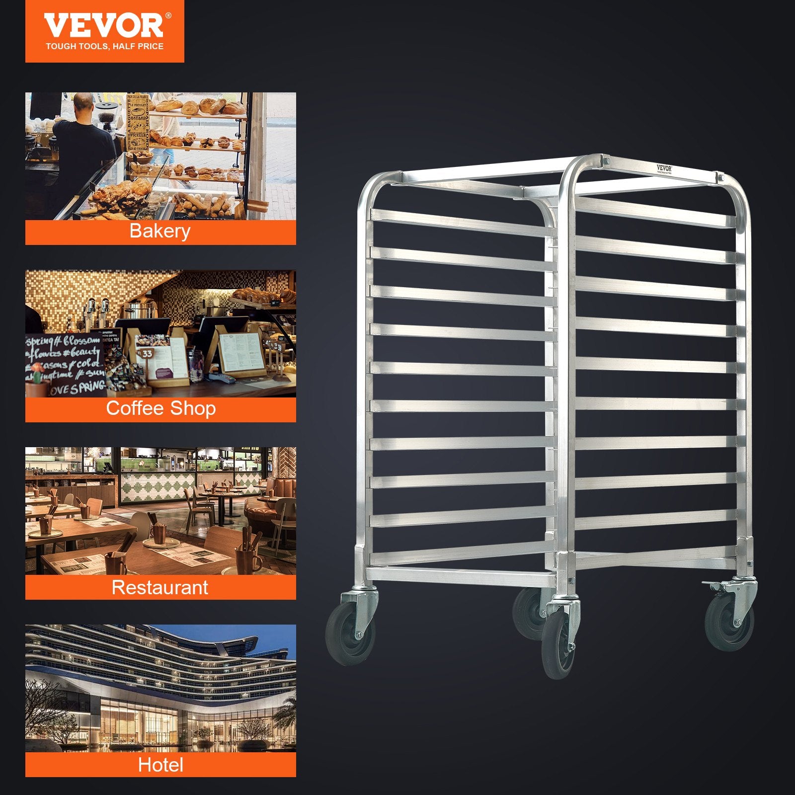 Bun Pan Rack, 10-Tier Commercial Bakery Racks with Brake Wheels, Aluminum Racking Trolley Storage for Half & Full Sheet, Speed Rack For Kitchen Home, Bread Baking Equipment, 660x515x985 mm - Image 7