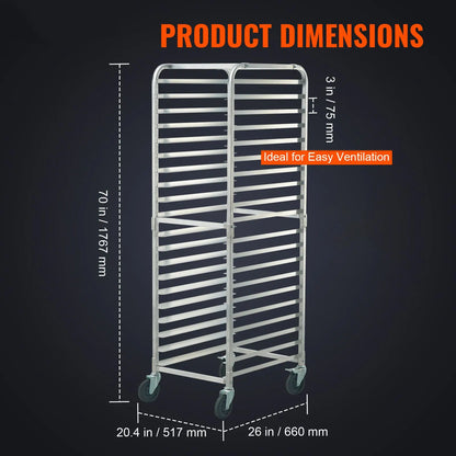 Bun Pan Rack, 20-Tier Commercial Bakery Racks with Brake Wheels, Aluminum Racking Trolley Storage for Half & Full Sheet, Speed Rack For Kitchen Home, Bread Baking Equipment, 660x517x1767 mm - Image 2