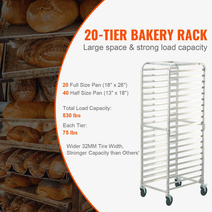 Bun Pan Rack, 20-Tier Commercial Bakery Racks with Brake Wheels, Aluminum Racking Trolley Storage for Half & Full Sheet, Speed Rack For Kitchen Home, Bread Baking Equipment, 660x517x1767 mm - Image 3