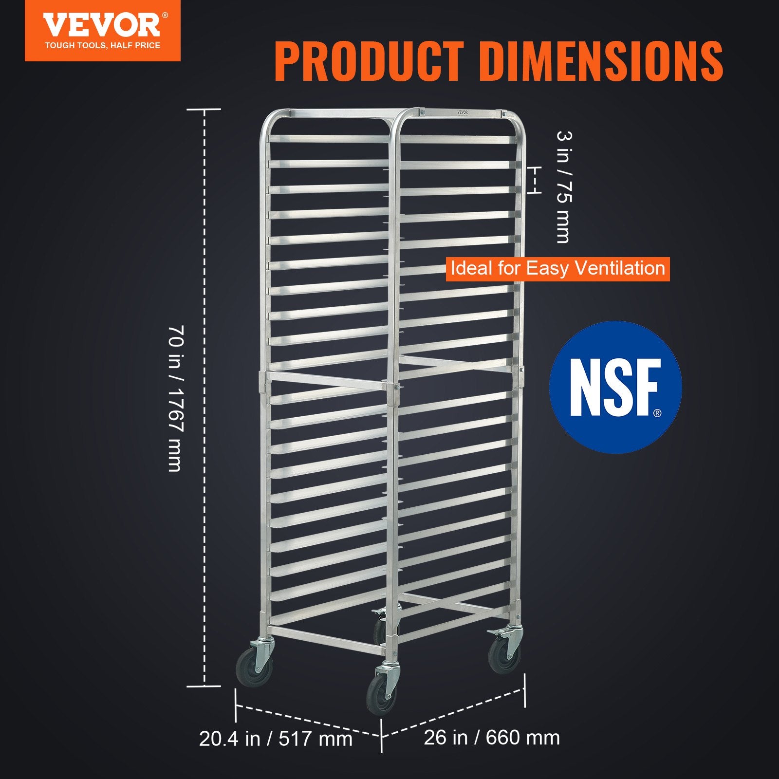 Bun Pan Rack, 20-Tier Commercial Bakery Racks with Brake Wheels, Aluminum Racking Trolley Storage for Half & Full Sheet, Speed Rack For Kitchen Home, Bread Baking Equipment, 660x517x1767 mm - Image 2