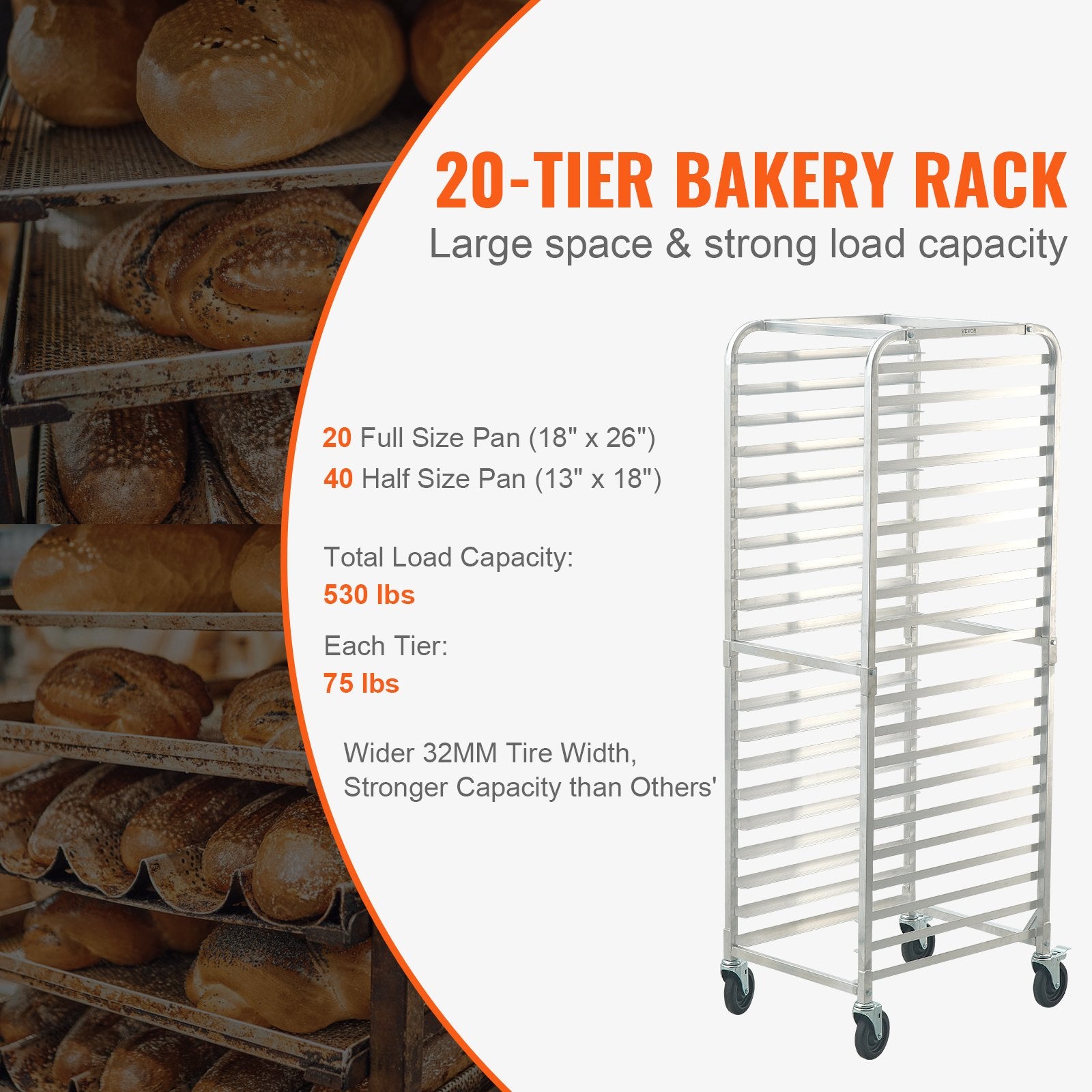 Bun Pan Rack, 20-Tier Commercial Bakery Racks with Brake Wheels, Aluminum Racking Trolley Storage for Half & Full Sheet, Speed Rack For Kitchen Home, Bread Baking Equipment, 660x517x1767 mm - Image 3