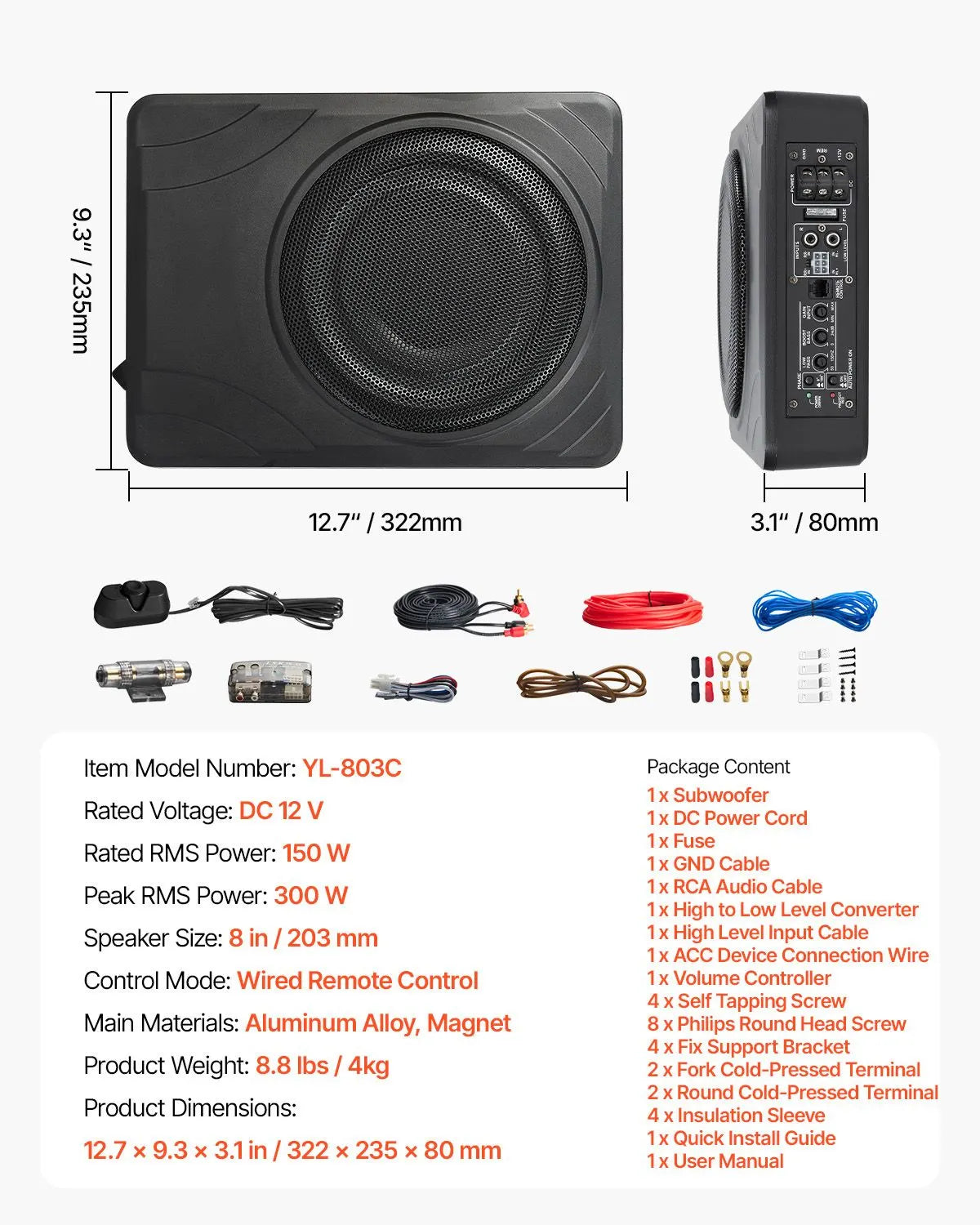 8" 300W Under Seat Car Subwoofer Slim Powered Car/Truck Subwoofer System - Image 7