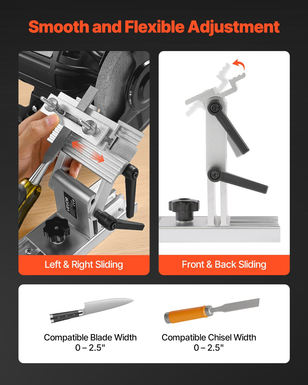 Sharpening Tool Rest Jig, Adjustable Replacement Tool Rest Sharpening Jig for 6" or 8" (152 mm or 203 mm) Bench Grinders – with Flat Miter Slide for 0–2.5 inch (0–64 mm) Wide Blades and Chisels - Image 5