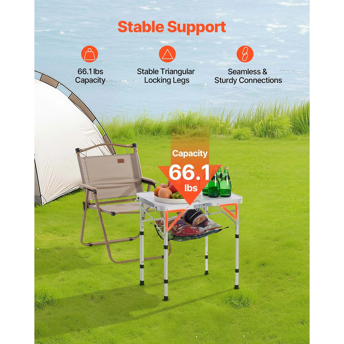 Folding Camping Table, Adjustable Height Portable Side Tables, Aluminum MDF Beach Table with Mesh Layer, Carrying Handle, Lightweight Compact for Outdoor Picnic BBQ Cooking, 24x16in, Silver - Image 3