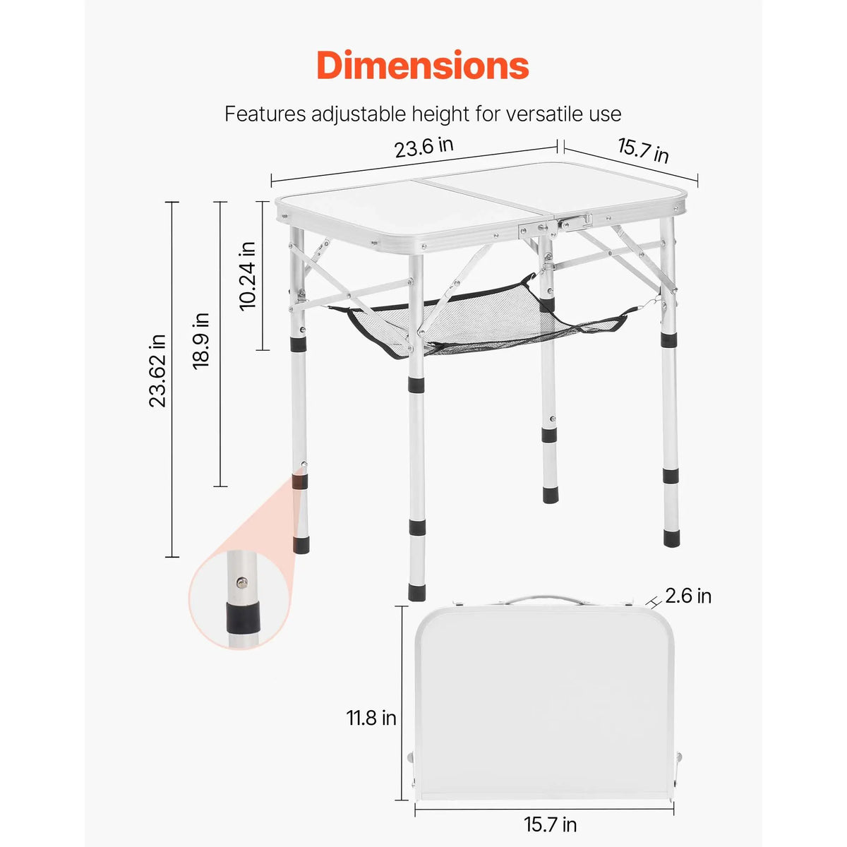Folding Camping Table, Adjustable Height Portable Side Tables, Aluminum MDF Beach Table with Mesh Layer, Carrying Handle, Lightweight Compact for Outdoor Picnic BBQ Cooking, 24x16in, Silver - Image 4